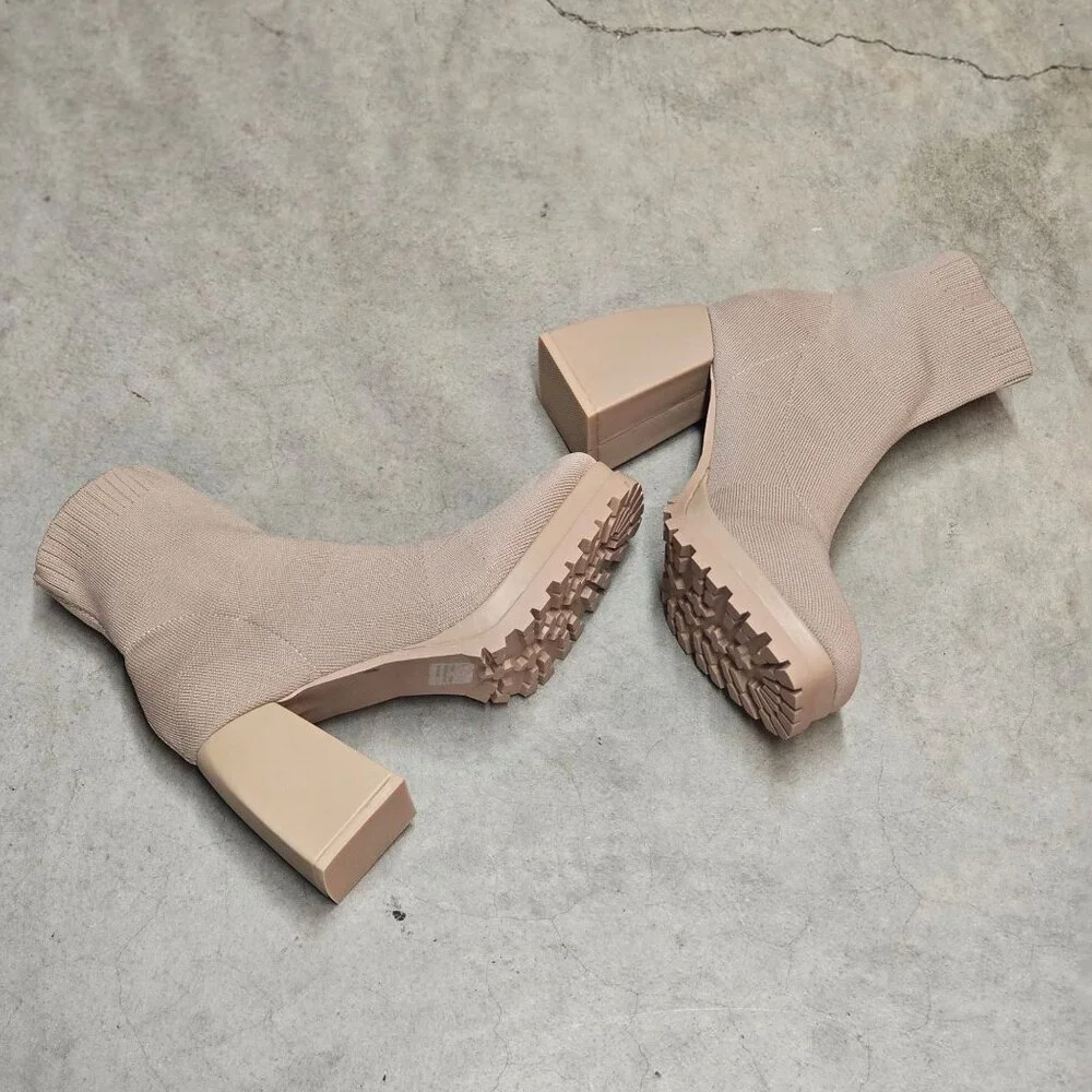Chunky Heel Ankle Boots With Sock Knit Upper & Lug Sole In Nude